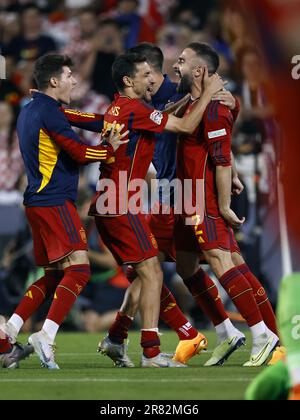 ROTTERDAM - (LR) Jésus Navas d'Espagne, Alvaro Morata d'Espagne, Dani Carvajal d'Espagne lors du match final de la Ligue des Nations de l'UEFA entre la Croatie et l'Espagne à Feyenoord Stadion de Kuip on 18 juin 2023 à Rotterdam, pays-Bas. AP | hauteur néerlandaise | MAURICE DE PIERRE Banque D'Images