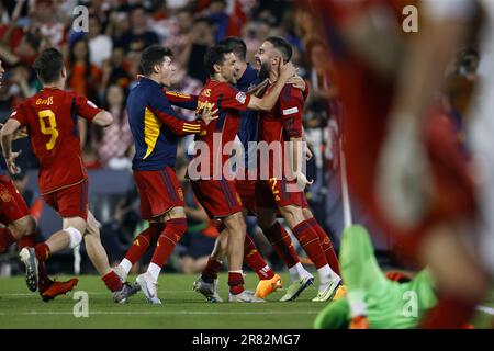 ROTTERDAM - (LR) Jésus Navas d'Espagne, Alvaro Morata d'Espagne, Dani Carvajal d'Espagne lors du match final de la Ligue des Nations de l'UEFA entre la Croatie et l'Espagne à Feyenoord Stadion de Kuip on 18 juin 2023 à Rotterdam, pays-Bas. AP | hauteur néerlandaise | MAURICE DE PIERRE Banque D'Images