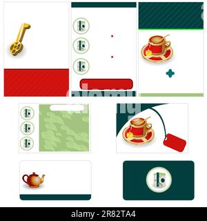 Modèle de papeterie pour thé - conception de brochure, conception de prospectus et conception de cartes de visite dans un seul emballage et entièrement modifiable. Illustration de Vecteur