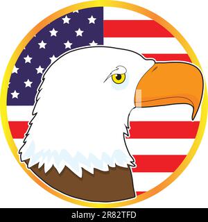 Ressemblant à un médaillon doré, l'image symbolise le patriotisme américain, avec la tête d'un aigle et le drapeau américain. Illustration de Vecteur
