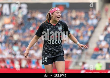 Bridgeview, États-Unis. 18th juin 2023. Chicago, États-Unis, 18 juin 2023 : Ally Schlegel (34 étoiles rouges de Chicago) s'éfond lors du match de football de la NWSL entre les étoiles rouges de Chicago et le FC Portland Thorns le dimanche 18 juin au stade de Seat Geek, Bridgeview, États-Unis. (AUCUNE UTILISATION COMMERCIALE). (Shaina Benhiyoun/SPP) crédit: SPP Sport presse photo. /Alamy Live News Banque D'Images