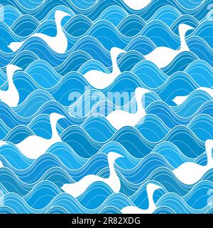 Vecteur modifiable illustration sans couture des oiseaux blancs sur les vagues d'eau bleues avec des oiseaux facilement amovibles pour laisser le motif d'eau Illustration de Vecteur