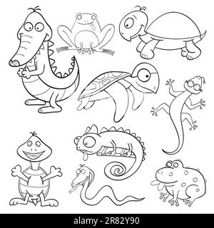 Décrit de jolis reptiles et amphibiens de dessin animé pour le livre de coloriage Illustration de Vecteur