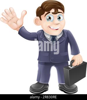 Illustration d'un happy smiling cartoon business man, gesticulant, holding a briefcase Illustration de Vecteur