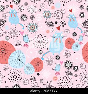 Motif fleuri sans couture avec chats et oiseaux sur fond rose Illustration de Vecteur