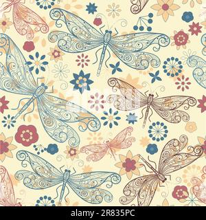 motif vectoriel sans coutures avec libellules et fleurs volantes Illustration de Vecteur