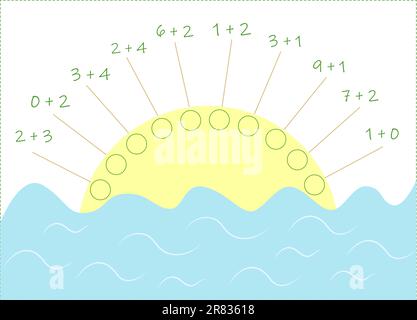 Jeu de mathématiques éducatif pour les enfants. Remplissez les cercles vides, écrivez les réponses aux exemples. Illustration de Vecteur