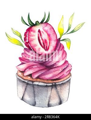 Cupcake isolé sur fond blanc. Gâteau à l'aquarelle dessiné à la main. Dessert décoré de fraises, une branche pour le dessin de cartes, logos, bus Banque D'Images