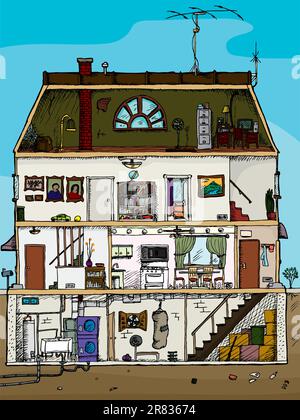 Ancienne maison de 3 étages avec sous-sol en coupe dessin Illustration de Vecteur