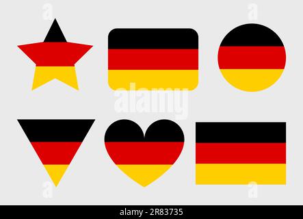 Icônes vectorielles drapeau allemand en forme de coeur, étoile, cercle et carte. Illustration d'un drapeau allemand sous différentes formes géométriques. Illustration de Vecteur