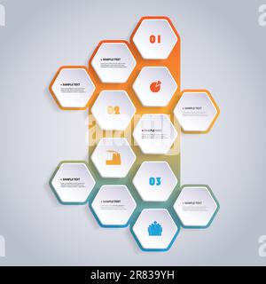 Infographics coloré de style moderne - ensemble de formes géométriques numérotées minimalistes, hexagones ronds avec icônes Illustration de Vecteur