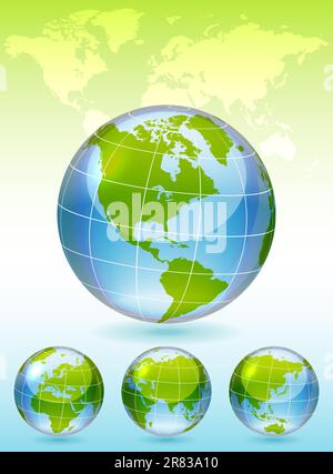 Différentes vues du globe en verre, carte incluse, illustration vectorielle, eps 10, 3 couches Illustration de Vecteur