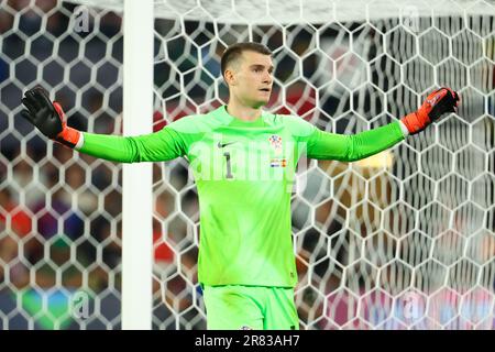 Dominik Livakovic, gardien de but croate, lors de la Ligue des Nations de l'UEFA 2023, finale du match de football entre la Croatie et l'Espagne sur 18 juin 2023 au Stadion Feijenoord 'de Kuip' à Rotterdam, pays-Bas Banque D'Images