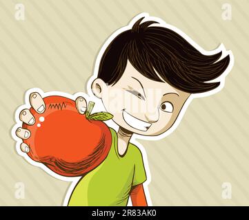 L'alimentation saine, cartoon adolescents à la pomme. Couches de fichier vectoriel pour une manipulation facile et coloris. Illustration de Vecteur