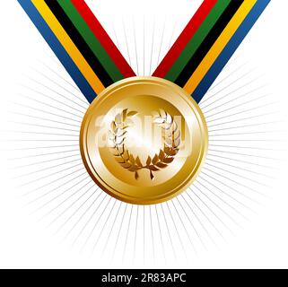 Médaille d'or des Jeux Olympiques avec rubans dans les couleurs qui représentent les cinq continents sur fond blanc. Fichier vectoriel superposé pour un manipul facile... Illustration de Vecteur