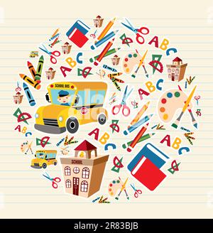 Ensemble d'outils et de fournitures scolaires en cercle arrière-plan. Couches de fichier vectoriel pour une manipulation facile et coloris. Illustration de Vecteur