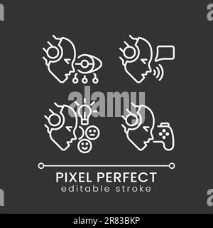 L'intelligence artificielle profite pixel Perfect blanc icônes linéaires ensemble pour thème sombre Illustration de Vecteur