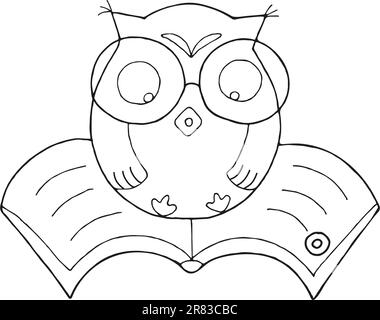 Dessin main hibou contour assis sur un livre. Illustration de Vecteur