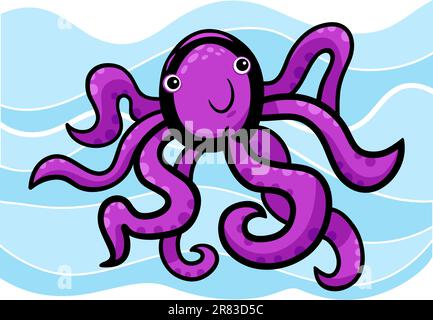 Cartoon doodle illustration de poulpe dans l'eau bleu mignon Illustration de Vecteur