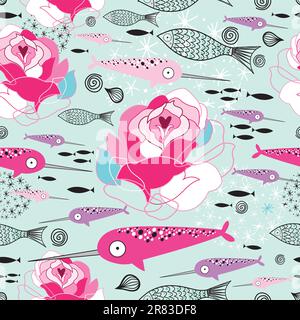 motif fleuri graphique sans couture avec poisson et narval sur fond vert Illustration de Vecteur