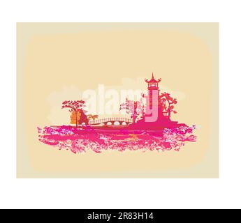 Vieux papier avec paysage asiatique Illustration de Vecteur