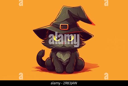 Mignon chat noir dans un chapeau de sorcière assis sur la citrouille orange Illustration de Vecteur