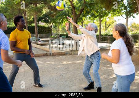 Club social de joyeux personnes âgées diverses appréciant le volley-ball le jour ensoleillé d'octobre plein air Banque D'Images