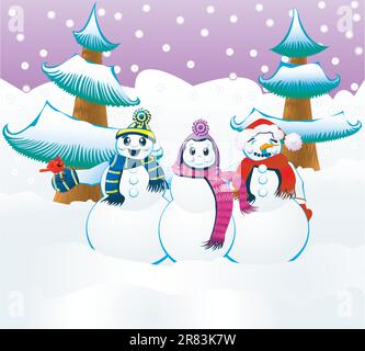 Scène de neige fantaisiste représentant les personnages de la neige et de l'hiver dans un étalage d'amitié expressif. Le graphique EPS10 peut être adapté à toutes les tailles. Illustration de Vecteur