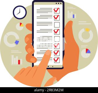 Clients remplissant le formulaire d'enquête. Illustration vectorielle. Plat Illustration de Vecteur