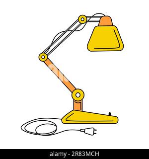 Lampe de bureau électrique réglable jaune avec trois charnières et fil débranché. Objet de couleur style rétro avec contour noir. Conception plate simple Illustration de Vecteur