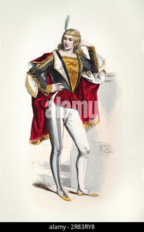 Vénitian Noble man, médiéval mens mode 15th siècle costume d'époque, double tuyau, Histoire, illustrations de l'anglais et de l'étranger Costume, Pauquet BR Banque D'Images