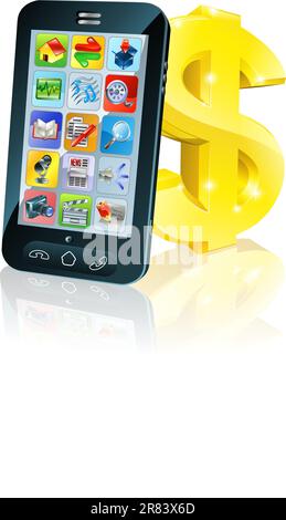 Illustration of cell phone leaning on dollar sign. Concept for financial app, or best phone deals or other finance cell phone related. Stock Vector