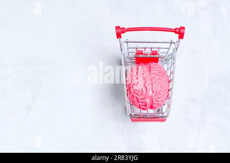 Vue de haut en bas d'un modèle anatomique du cerveau humain dans un chariot de poussée isolé sur le gris. Le cerveau en tant que marchandise précieuse et sa conce de commercialisation Banque D'Images