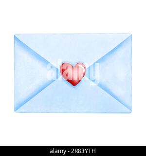 Enveloppe bleu aquarelle avec illustration cœur rouge isolée sur fond blanc. Lettre d'amour pour le jour des mères, le jour des Pères, l'anniversaire, le jour de la Saint Valentin. Banque D'Images