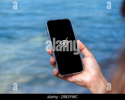 Pas de concept de technologie de connexion Internet. Pas de service de signal à la plage. Connexion hors ligne au réseau Wi-Fi sur l'écran du smartphone mobile sur les femmes Banque D'Images