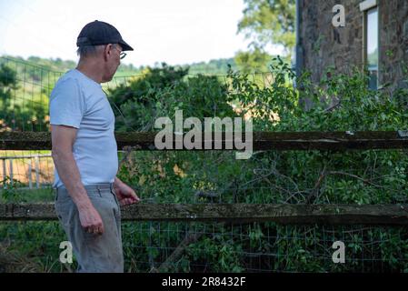 Un homme décentré regarde les branches tombées endommager la clôture par la maison en pierre Banque D'Images