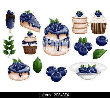 Collection de desserts aux bleuets d'aquarelle isolée sur fond blanc. Illustration des fruits, illustration du dessert aux myrtilles, fruits d'été. Banque D'Images