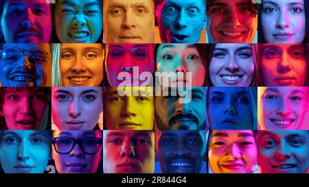 Collage réalisé à partir de portraits en gros plan de différentes personnes, hommes et femmes regardant l'appareil photo sur fond multicolore avec une lumière néon Banque D'Images