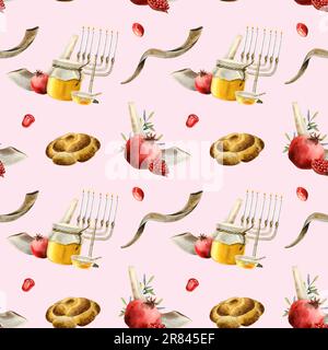 Rose clair Rosh hashanah symboles aquarelle sans couture motif avec shofars, menorah, cuisine traditionnelle pour le nouvel an juif Banque D'Images