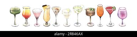 Ensemble de verres à cocktail aquarelle : martini, gin, vin, margarita, gobelet, liqueur, rhum. Illustration dessinée à la main isolée sur fond blanc. Parfait pour Banque D'Images