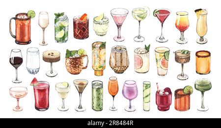 Ensemble de verres à cocktail aquarelle : martini, gin, vin, margarita, gobelet, liqueur, rhum. Illustration dessinée à la main isolée sur fond blanc. Parfait pour Banque D'Images