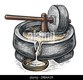 Ancienne pierre à affûter manuelle. Équipement de broyage du grain. Illustration vectorielle Illustration de Vecteur