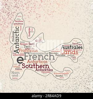 Forme TAAF avec noms de pays nuage de mots dans plusieurs langues. Carte de frontière TAAF sur des triangles soignés dispersés autour. Illustration vectorielle attrayante. Illustration de Vecteur