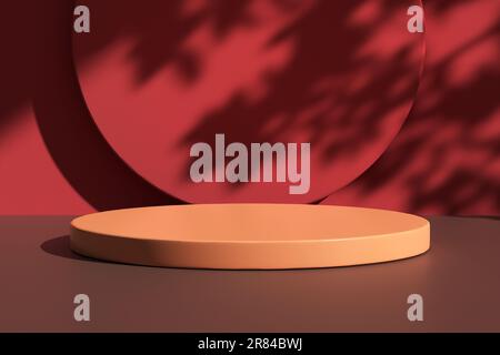 Podium orange brillant rond pastel sur table avec lumière naturelle et ombres à feuilles sur le mur. Fond pour la beauté de luxe, cosmétique, pr Banque D'Images