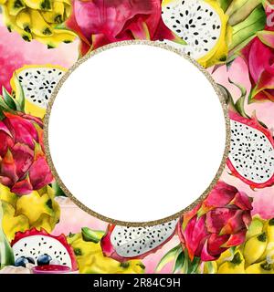 Pitaya carré et cadre rond avec rose jaune dragon fruits aquarelle modèle botanique illustration tropicale Banque D'Images