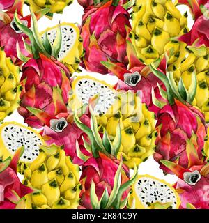 Pitahaya rose et jaune dragon fruits motif sans couture avec aquarelle pitaya cactus. Arrière-plan lumineux à imprimé tropical Banque D'Images