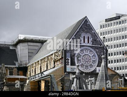 Christchurch, Nouvelle-Zélande - 99 avril 2023; progrès avec les réparations de la cathédrale de Christchurch après le tremblement de terre de 2010. La célèbre Rose Window est repos Banque D'Images