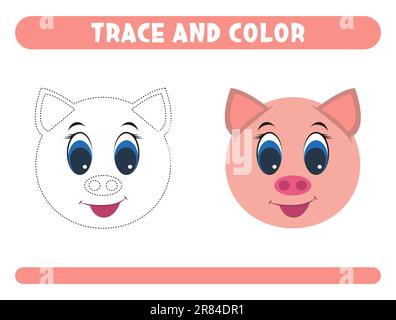 Trace et couleur Cute Pig. Feuille de travail pour enfants Illustration de Vecteur