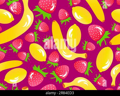 Motif sans couture avec fraises, citrons et bananes dans le style 3D. Mélange de fruits d'été avec citron, fraise et banane. Conception pour l'impression sur papier a Illustration de Vecteur