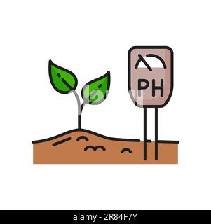 Mesure du niveau de pH du sol, icône de ligne de couleur agricole. Icône de vecteur de ligne mince de culture de récolte avec compteur d'acidité du sol, pictogramme agronomique. Croissance des semis ou germination des graines, signe de contour d'agriculture Illustration de Vecteur